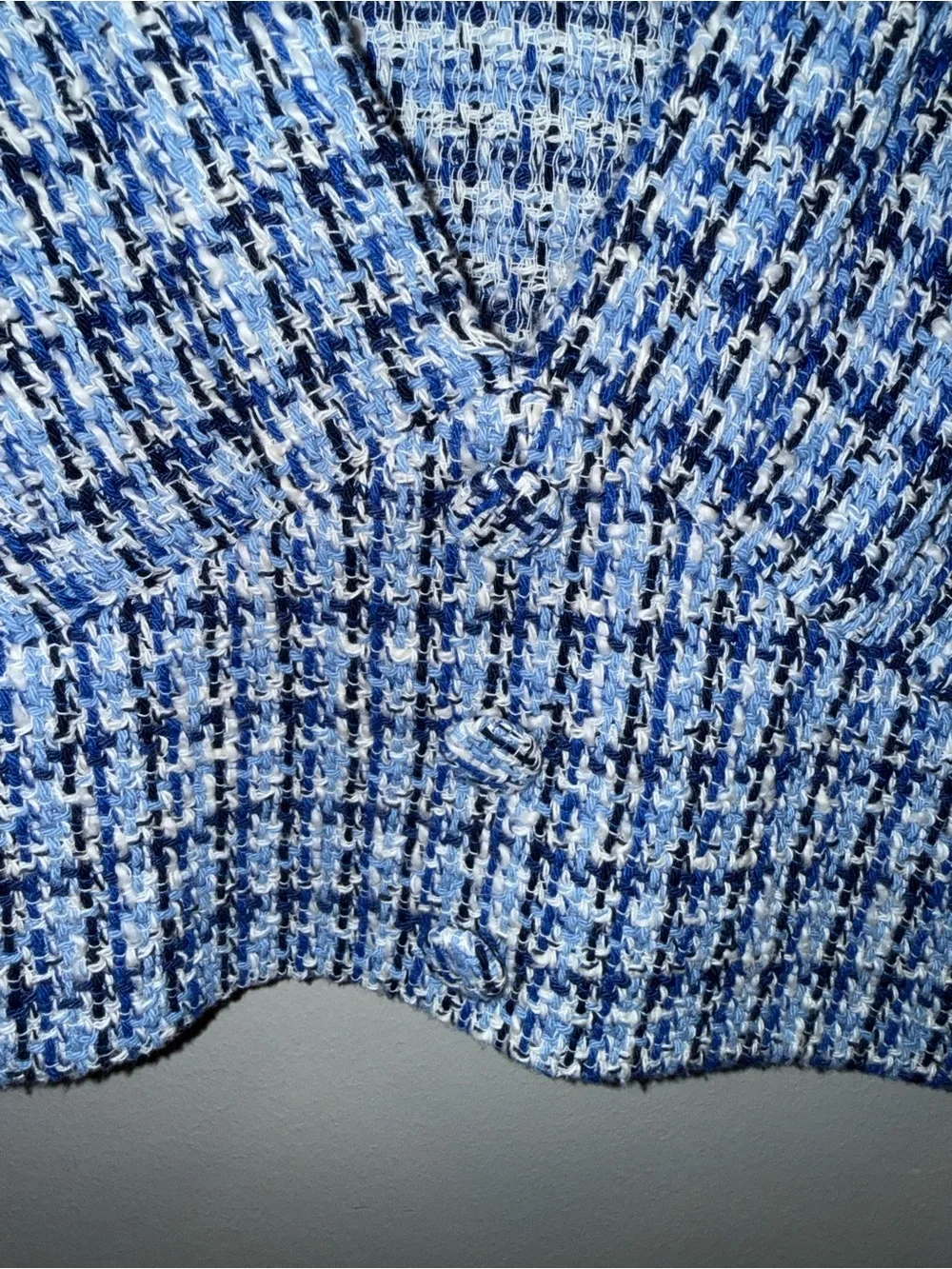 Zara Blue Tweed Crop Vest with White Puff Sleeves